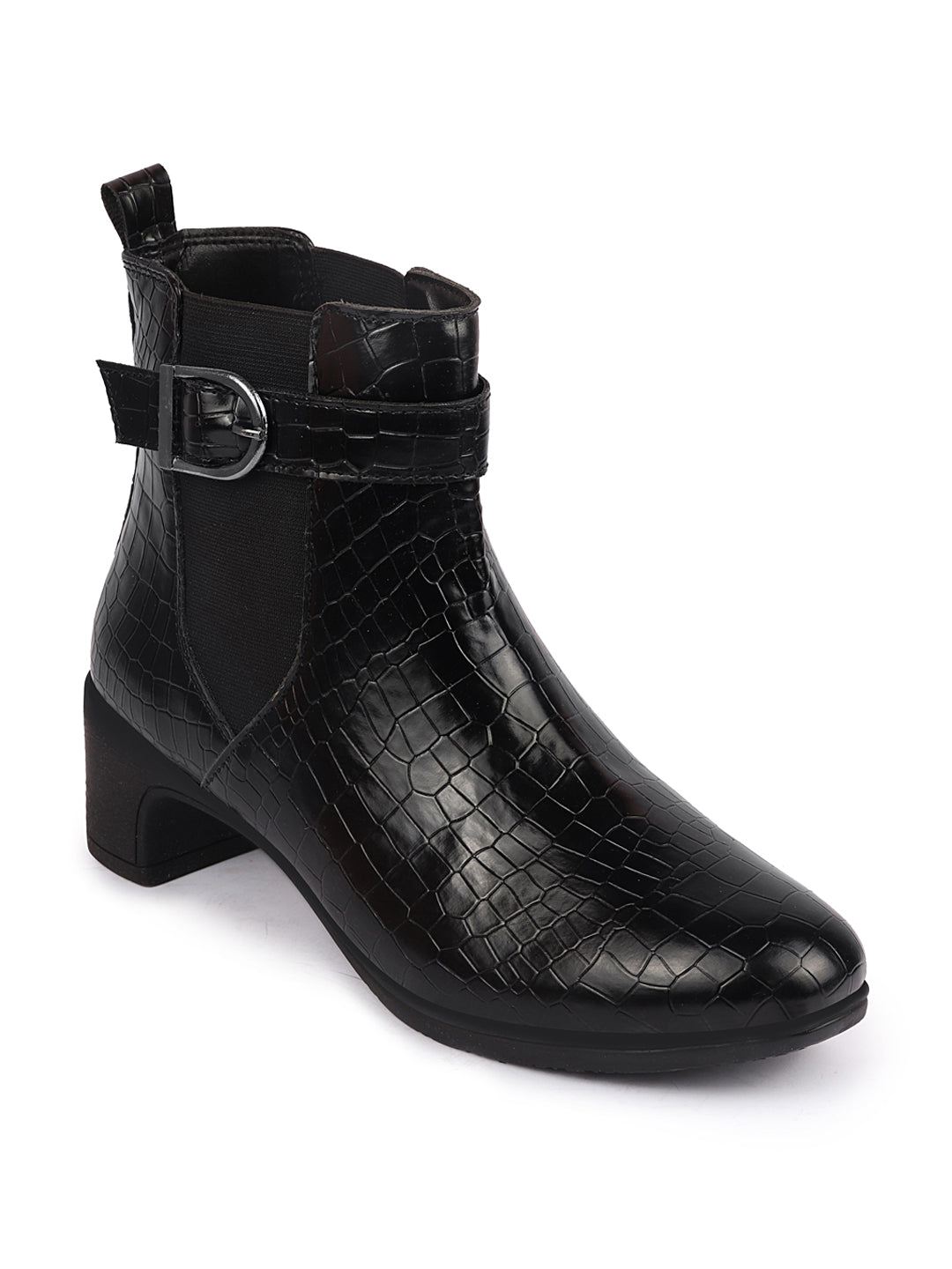 Shop Women Black Flared Heel High Ankle Leopard Print Embossed Design Winter Buckle Strap Chelsea Boots Online.