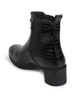Shop Women Black Flared Heel High Ankle Leopard Print Embossed Design Winter Buckle Strap Chelsea Boots Online.