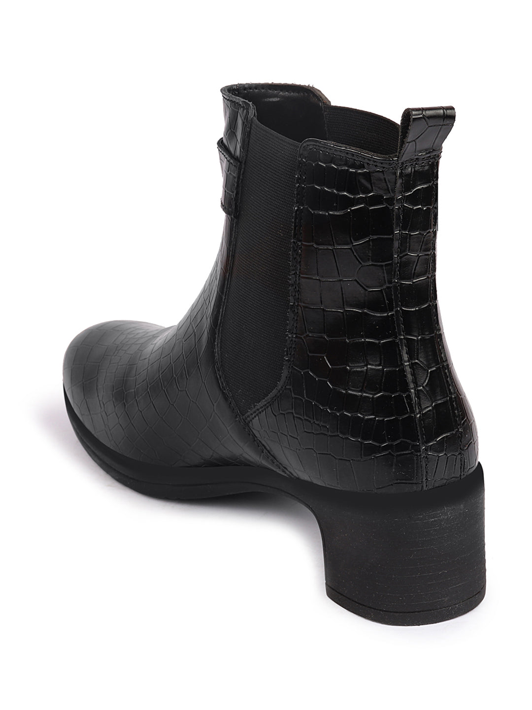 Shop Women Black Flared Heel High Ankle Leopard Print Embossed Design Winter Buckle Strap Chelsea Boots Online.
