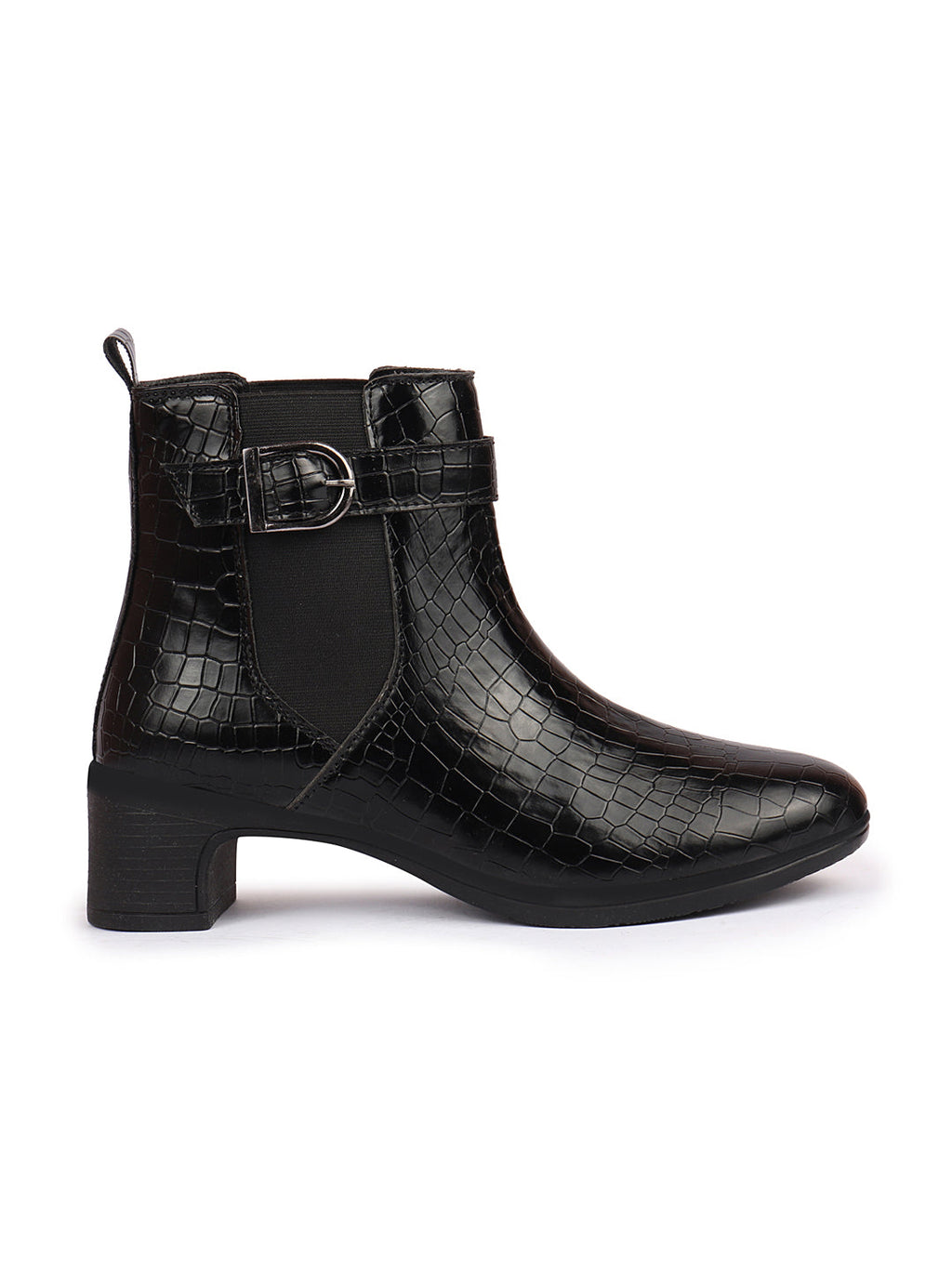 Shop Women Black Flared Heel High Ankle Leopard Print Embossed Design Winter Buckle Strap Chelsea Boots Online.