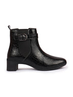 Shop Women Black Flared Heel High Ankle Leopard Print Embossed Design Winter Buckle Strap Chelsea Boots Online.