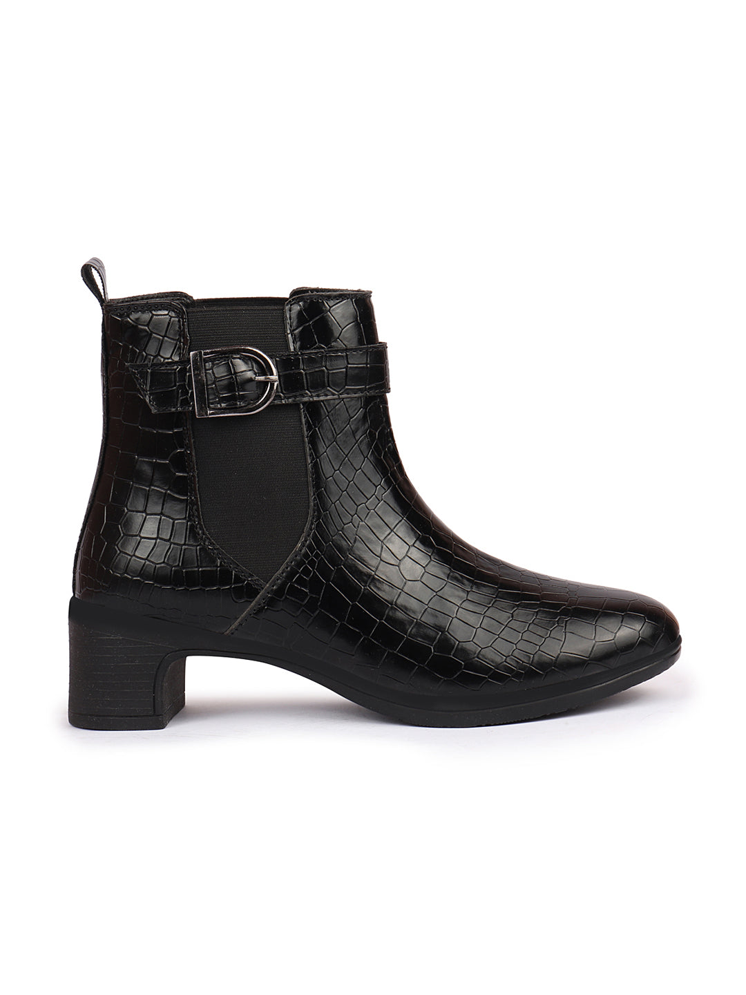 Shop Women Black Flared Heel High Ankle Leopard Print Embossed Design Winter Buckle Strap Chelsea Boots Online.