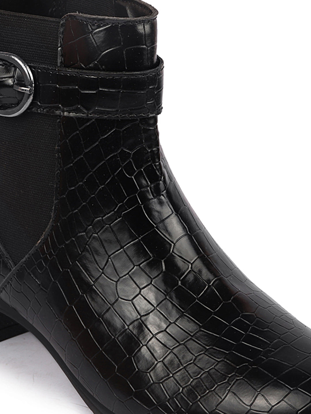 Shop Women Black Flared Heel High Ankle Leopard Print Embossed Design Winter Buckle Strap Chelsea Boots Online.