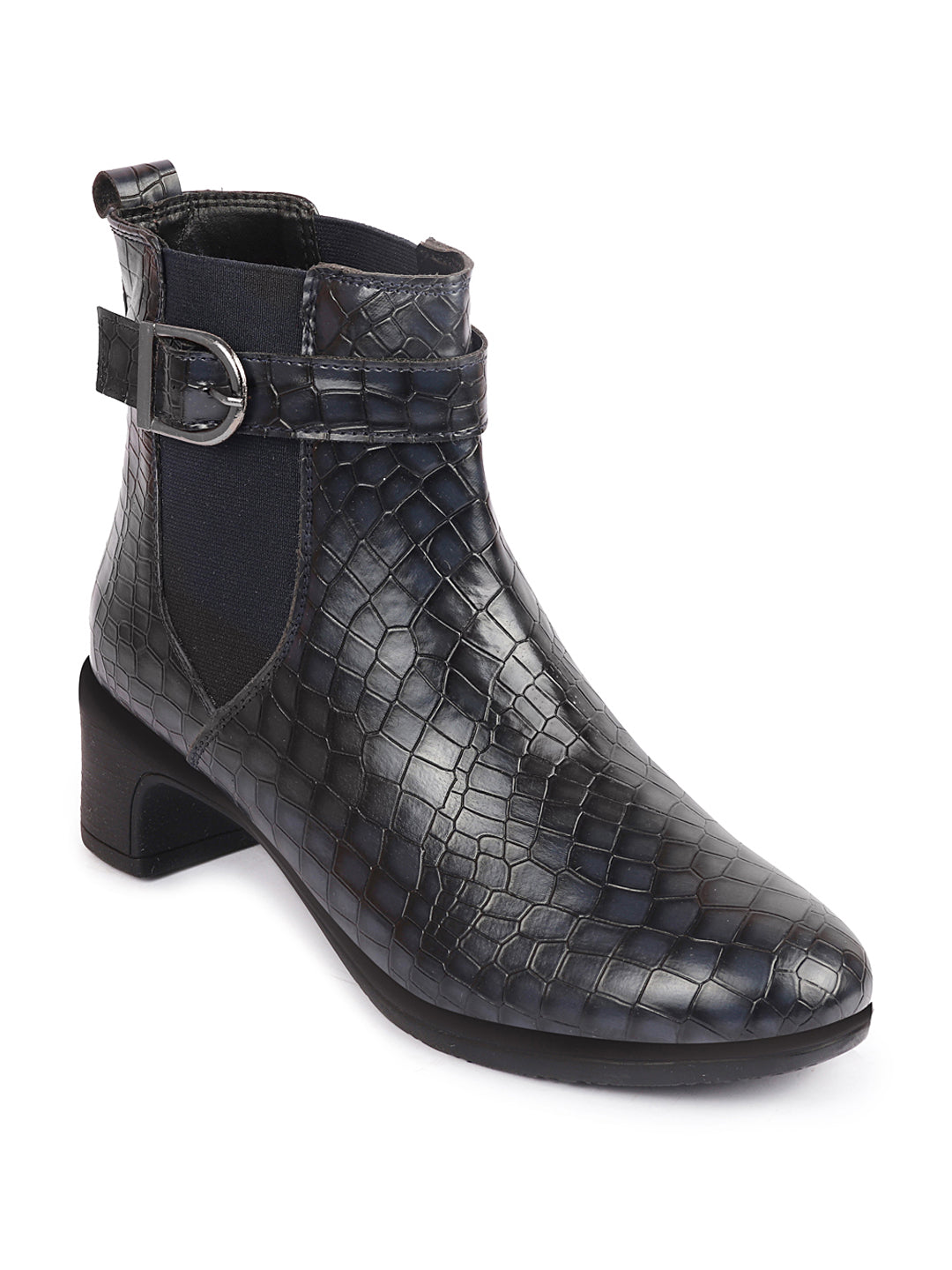 Shop Women Navy Blue Flared Heel High Ankle Leopard Print Embossed Design Winter Buckle Strap Chelsea Boots Online.
