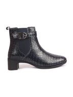 Shop Women Navy Blue Flared Heel High Ankle Leopard Print Embossed Design Winter Buckle Strap Chelsea Boots Online.