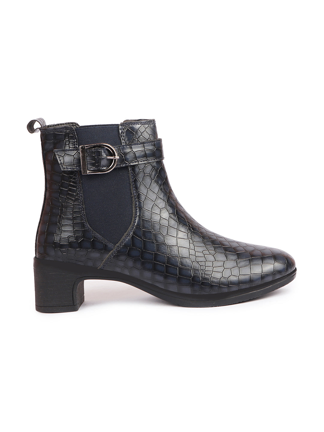 Shop Women Navy Blue Flared Heel High Ankle Leopard Print Embossed Design Winter Buckle Strap Chelsea Boots Online.
