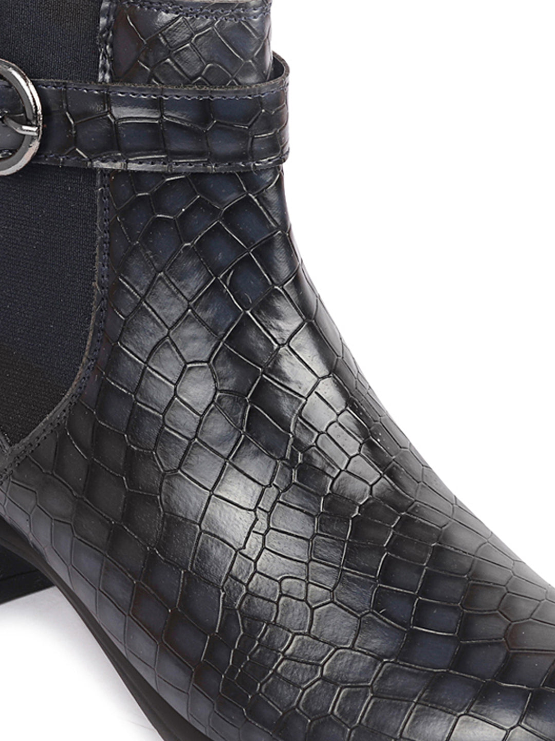 Shop Women Navy Blue Flared Heel High Ankle Leopard Print Embossed Design Winter Buckle Strap Chelsea Boots Online.