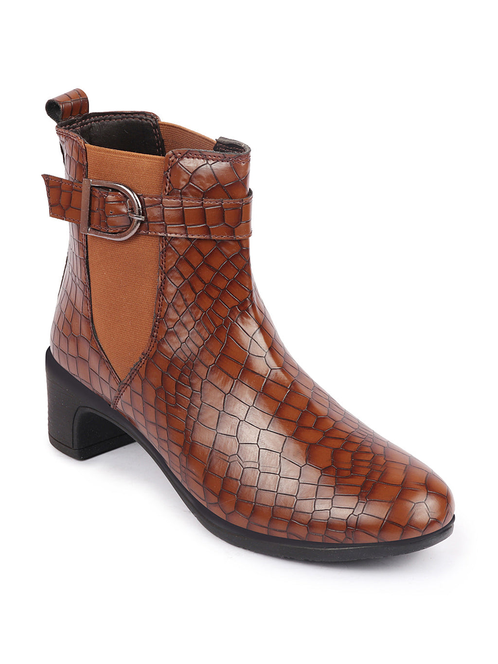 Shop Women Tan Flared Heel High Ankle Leopard Print Embossed Design Winter Buckle Strap Chelsea Boots Online.