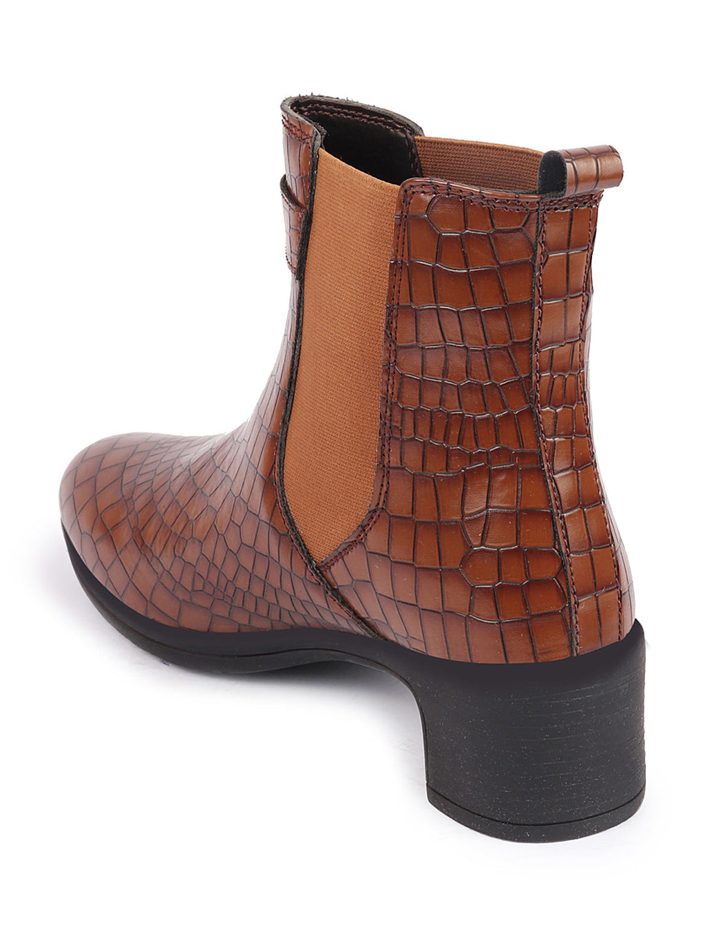 Shop Women Tan Flared Heel High Ankle Leopard Print Embossed Design Winter Buckle Strap Chelsea Boots Online.