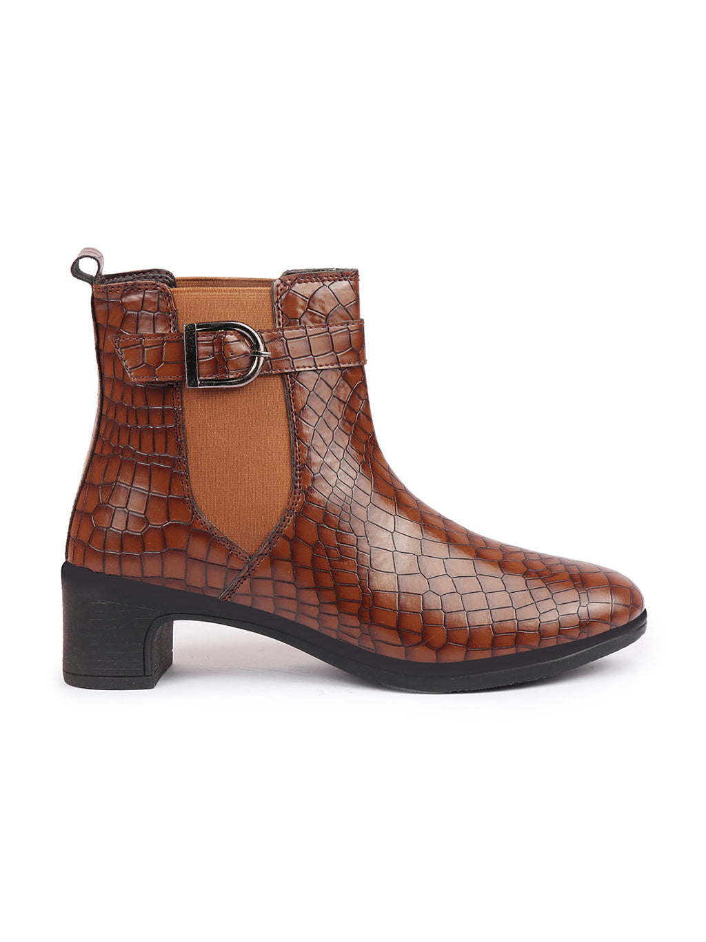 Shop Women Tan Flared Heel High Ankle Leopard Print Embossed Design Winter Buckle Strap Chelsea Boots Online.