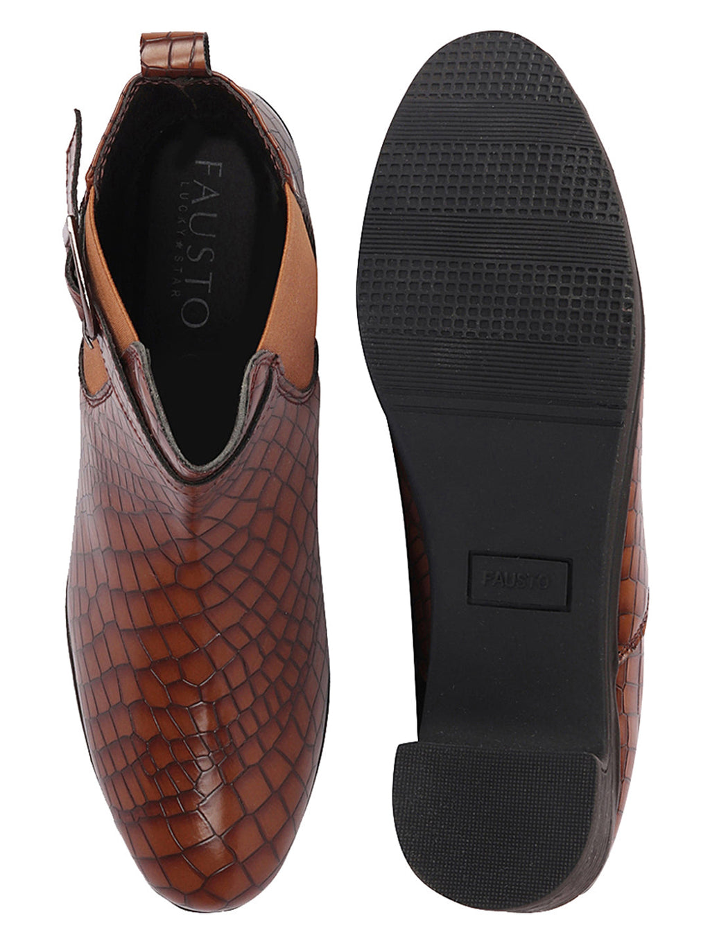 Shop Women Tan Flared Heel High Ankle Leopard Print Embossed Design Winter Buckle Strap Chelsea Boots Online.