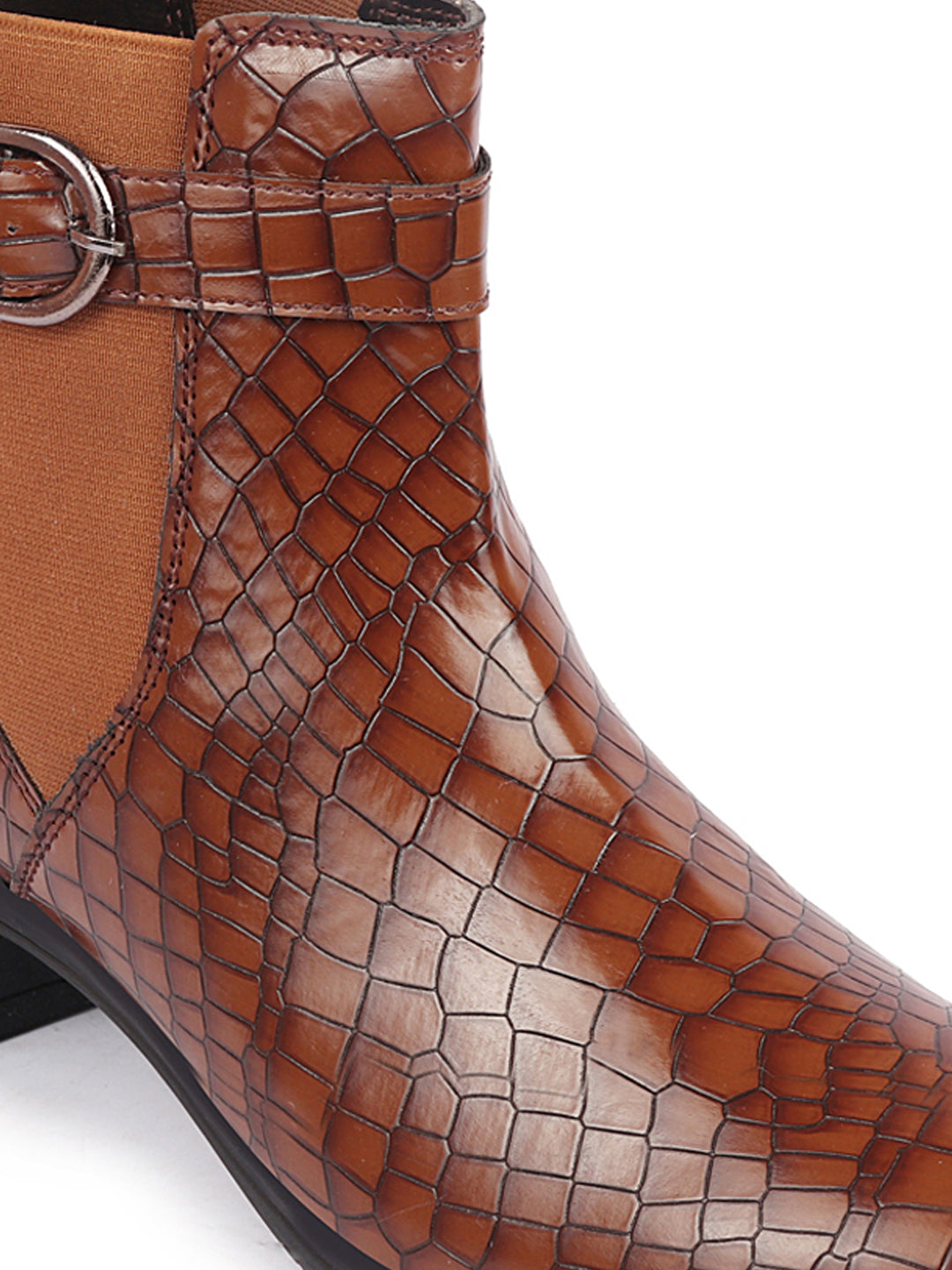 Shop Women Tan Flared Heel High Ankle Leopard Print Embossed Design Winter Buckle Strap Chelsea Boots Online.