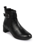 Shop Women Black Flared Heel High Ankle Classic Winter Buckle Strap Chelsea Boots Online.