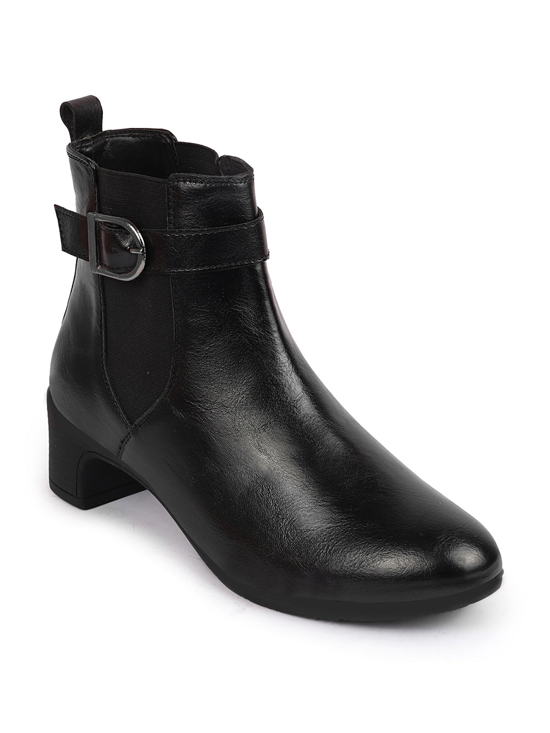 Shop Women Black Flared Heel High Ankle Classic Winter Buckle Strap Chelsea Boots Online.