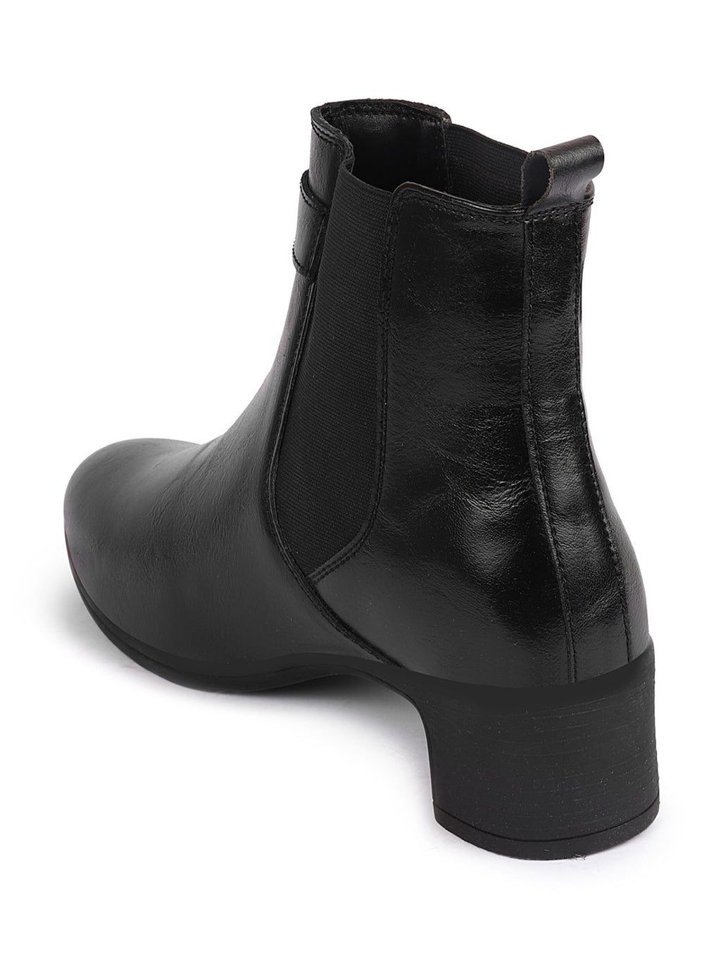 Shop Women Black Flared Heel High Ankle Classic Winter Buckle Strap Chelsea Boots Online.