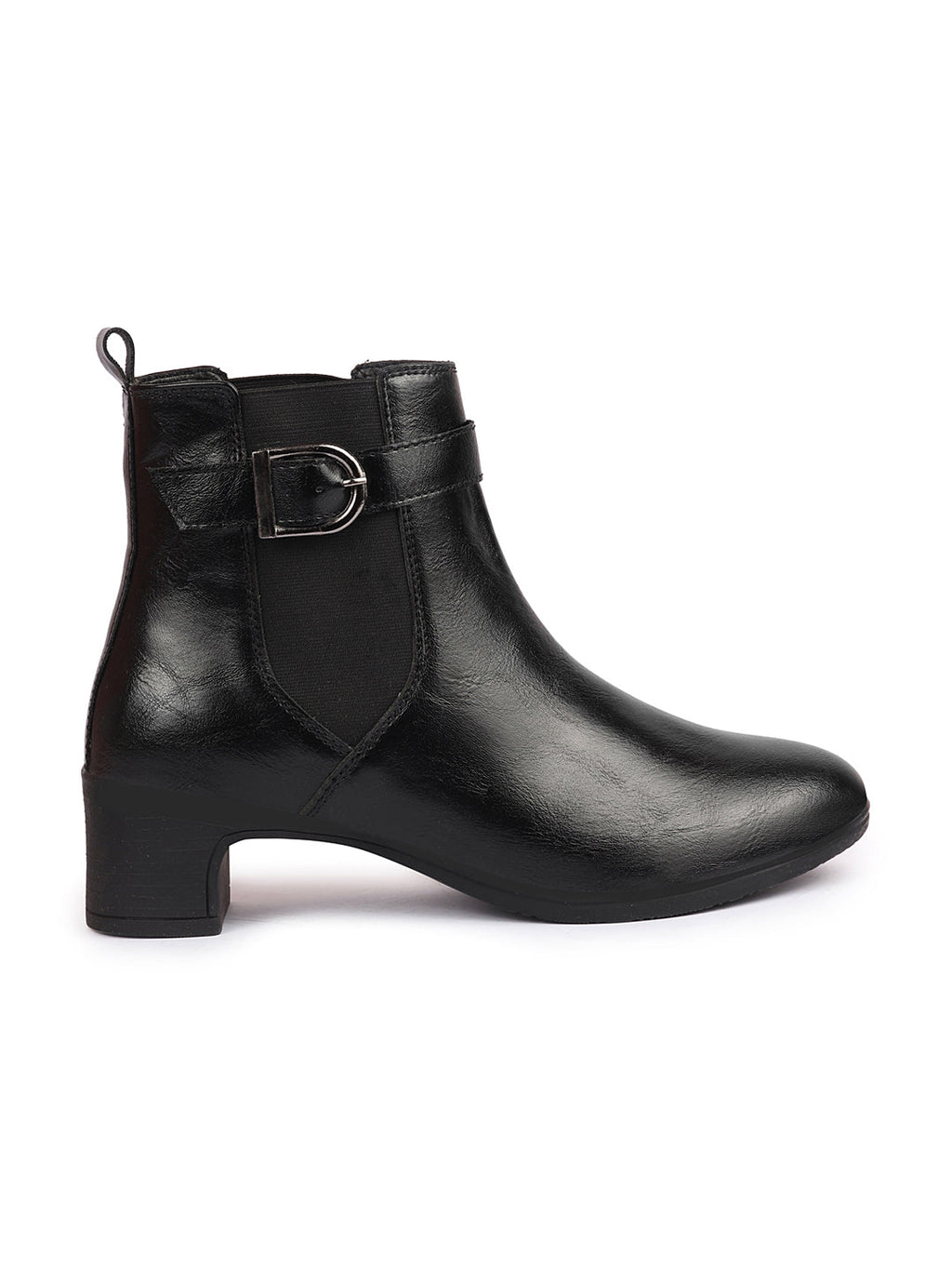 Shop Women Black Flared Heel High Ankle Classic Winter Buckle Strap Chelsea Boots Online.