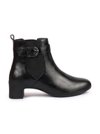 Shop Women Black Flared Heel High Ankle Classic Winter Buckle Strap Chelsea Boots Online.