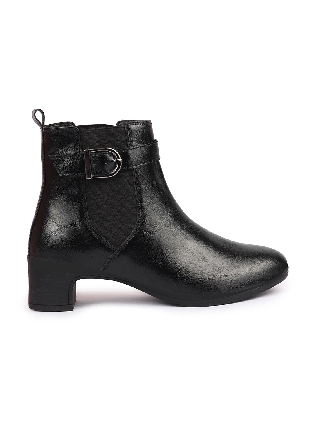 Shop Women Black Flared Heel High Ankle Classic Winter Buckle Strap Chelsea Boots Online.