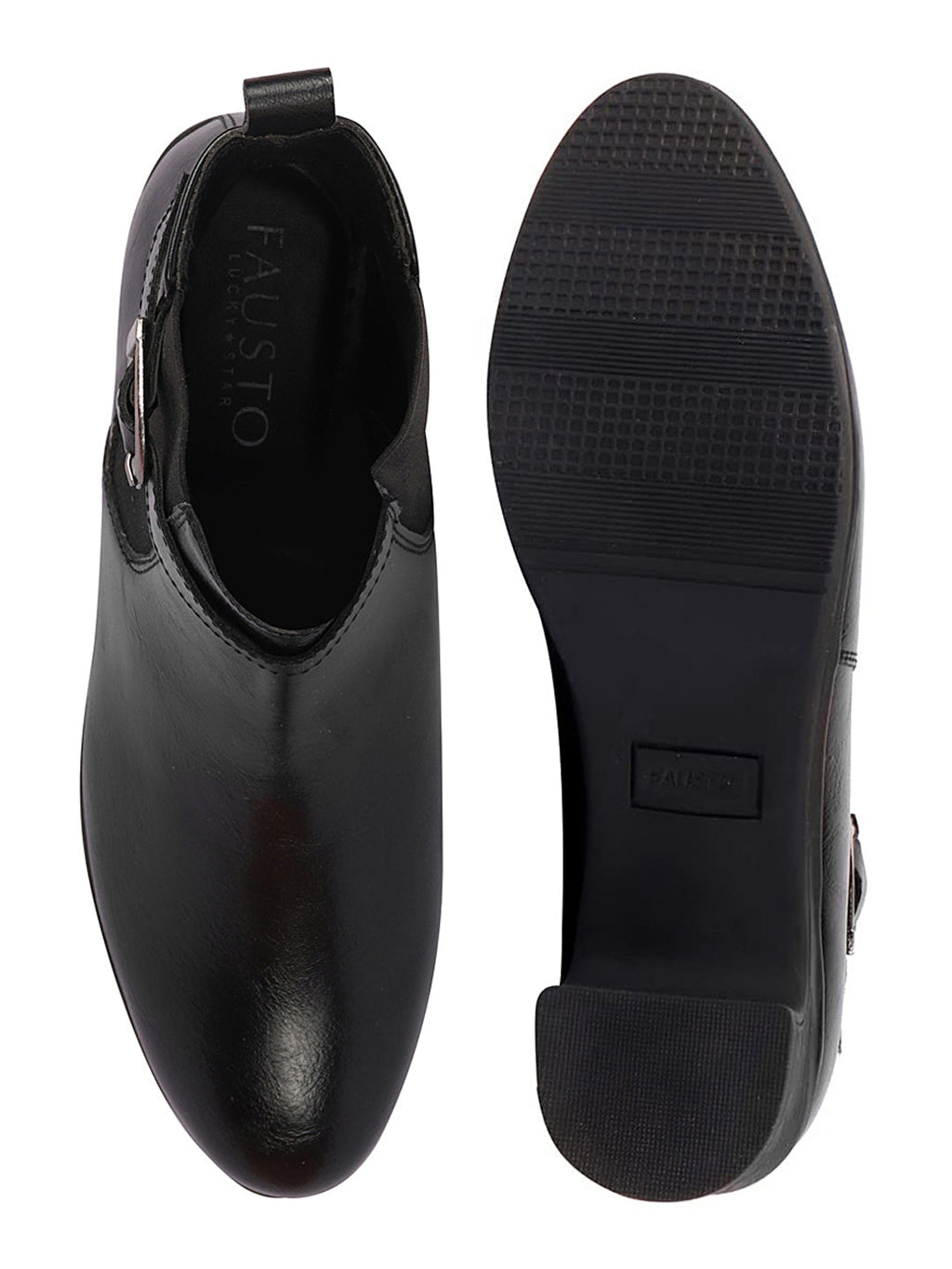 Shop Women Black Flared Heel High Ankle Classic Winter Buckle Strap Chelsea Boots Online.