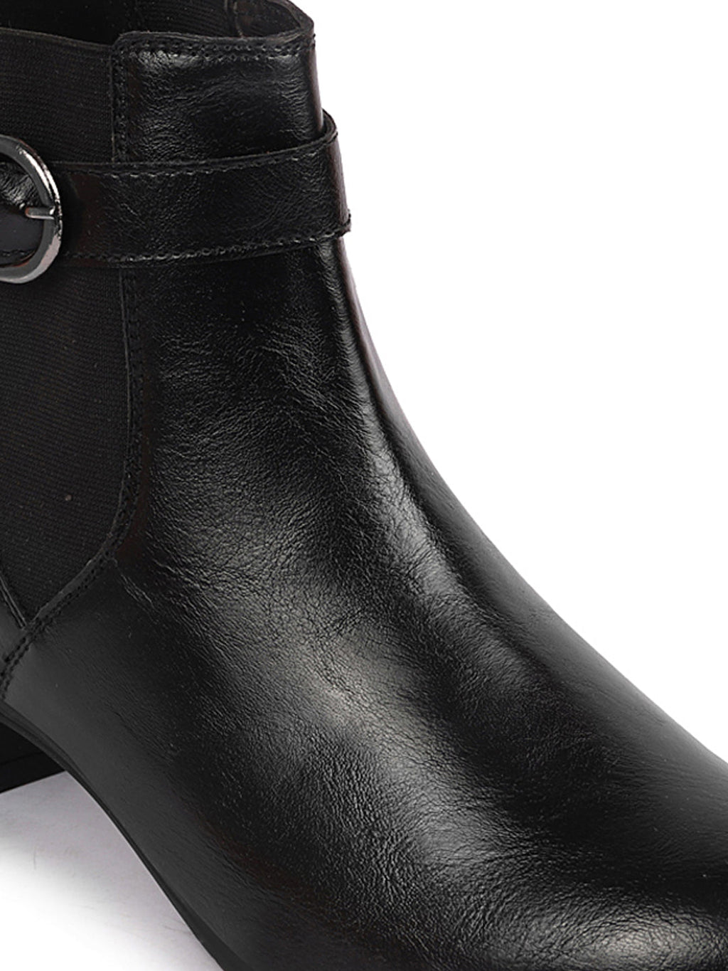 Shop Women Black Flared Heel High Ankle Classic Winter Buckle Strap Chelsea Boots Online.
