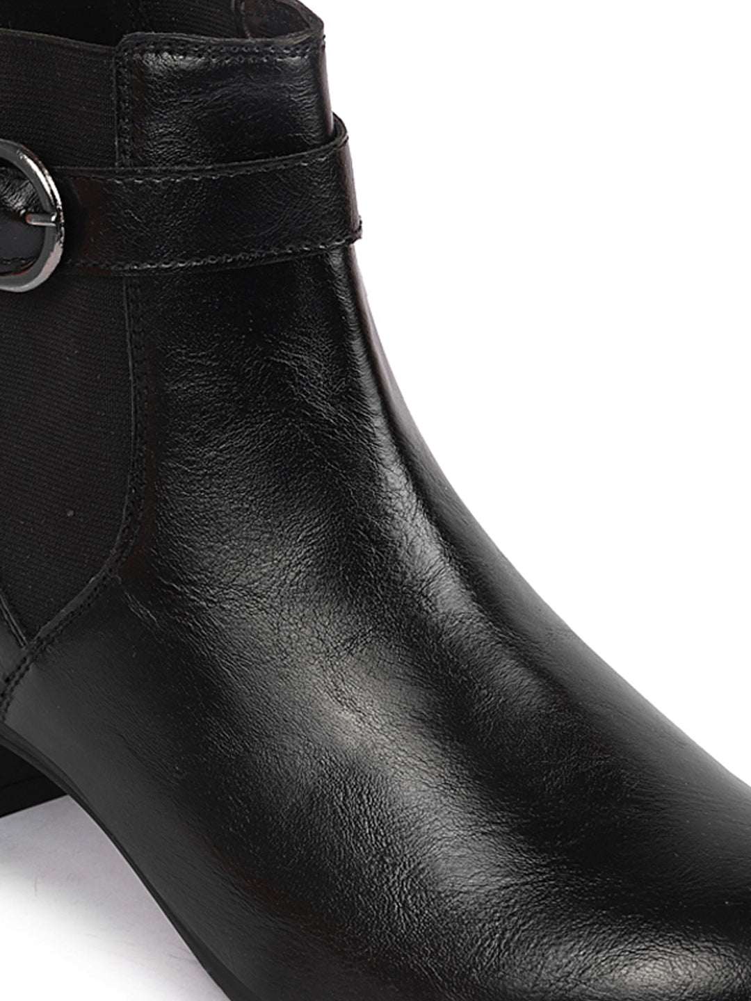 Shop Women Black Flared Heel High Ankle Classic Winter Buckle Strap Chelsea Boots Online.