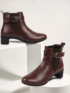 Shop Women Brown Flared Heel High Ankle Classic Winter Buckle Strap Chelsea Boots Online.
