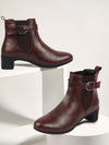Women Brown Flared Heel High Ankle Classic Winter Buckle Strap Chelsea Boots