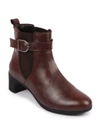 Shop Women Brown Flared Heel High Ankle Classic Winter Buckle Strap Chelsea Boots Online.