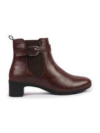 Shop Women Brown Flared Heel High Ankle Classic Winter Buckle Strap Chelsea Boots Online.