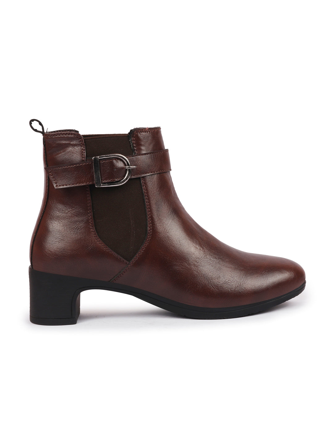 Shop Women Brown Flared Heel High Ankle Classic Winter Buckle Strap Chelsea Boots Online.