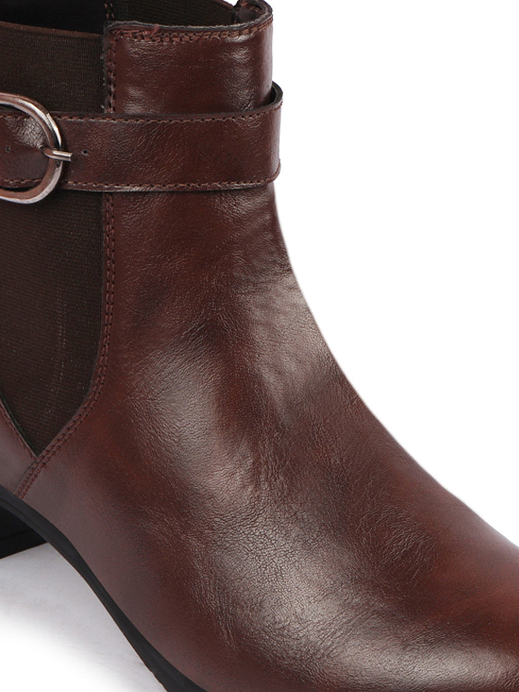Shop Women Brown Flared Heel High Ankle Classic Winter Buckle Strap Chelsea Boots Online.