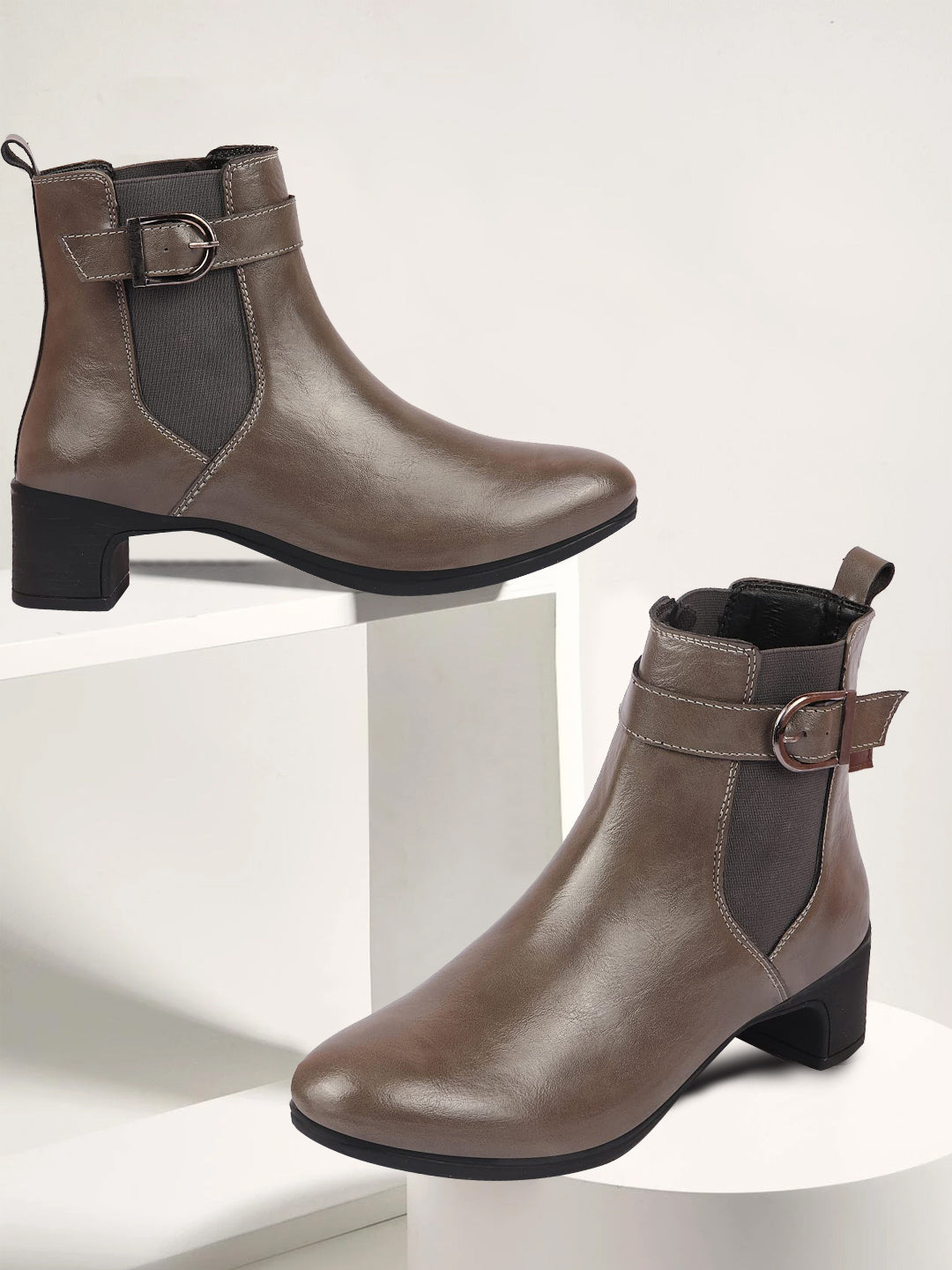 Shop Women Grey Flared Heel High Ankle Classic Winter Buckle Strap Chelsea Boots Online.