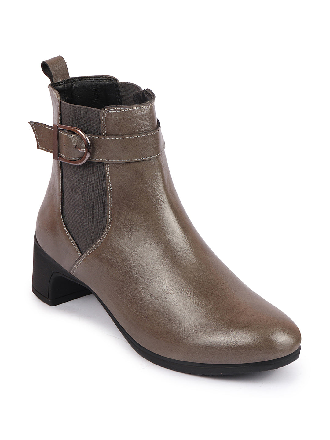 Shop Women Grey Flared Heel High Ankle Classic Winter Buckle Strap Chelsea Boots Online.