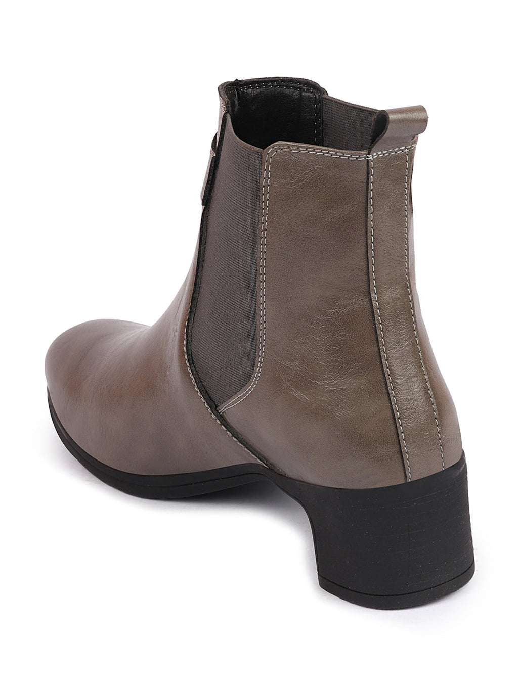 Shop Women Grey Flared Heel High Ankle Classic Winter Buckle Strap Chelsea Boots Online.