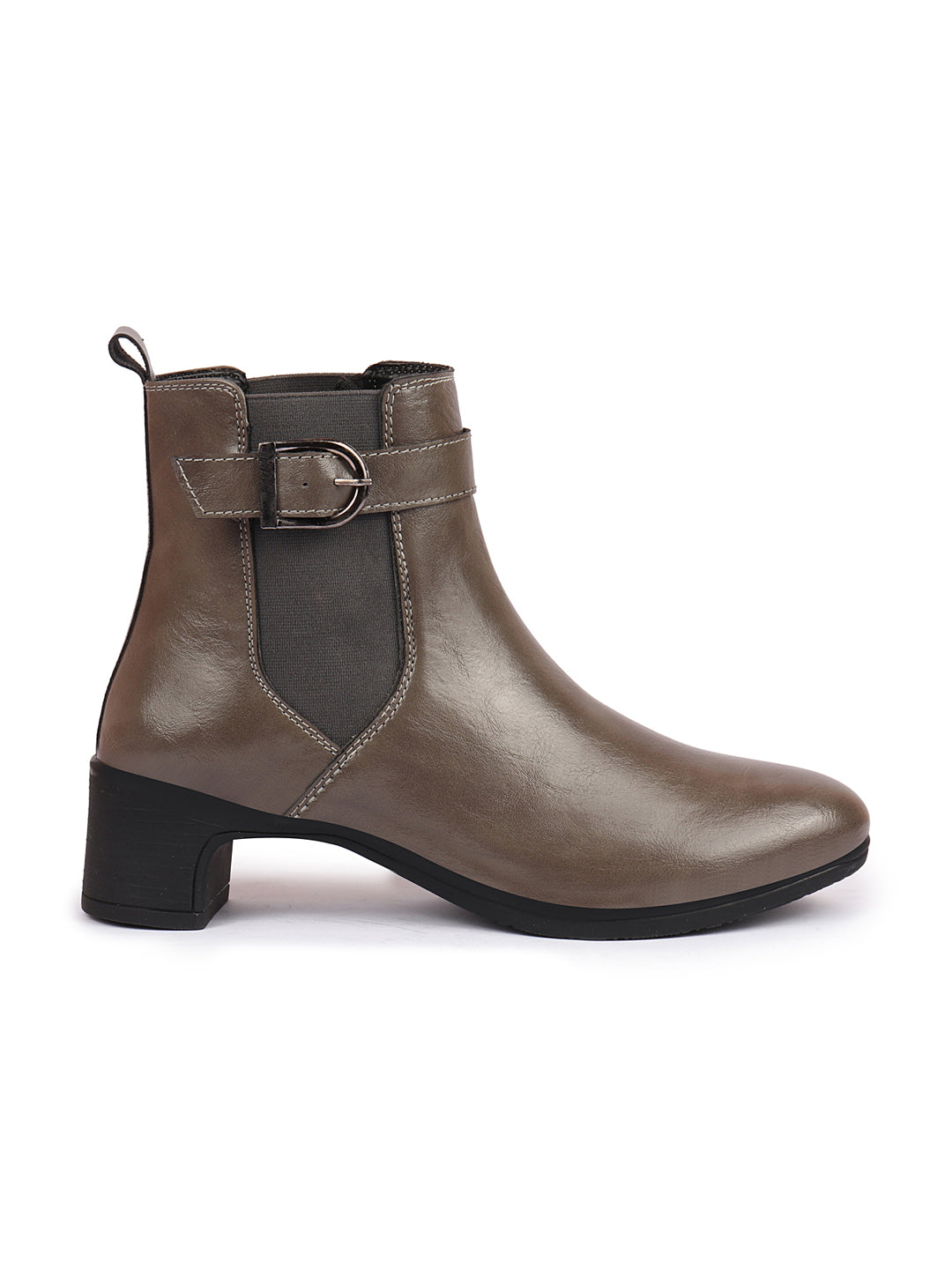 Shop Women Grey Flared Heel High Ankle Classic Winter Buckle Strap Chelsea Boots Online.