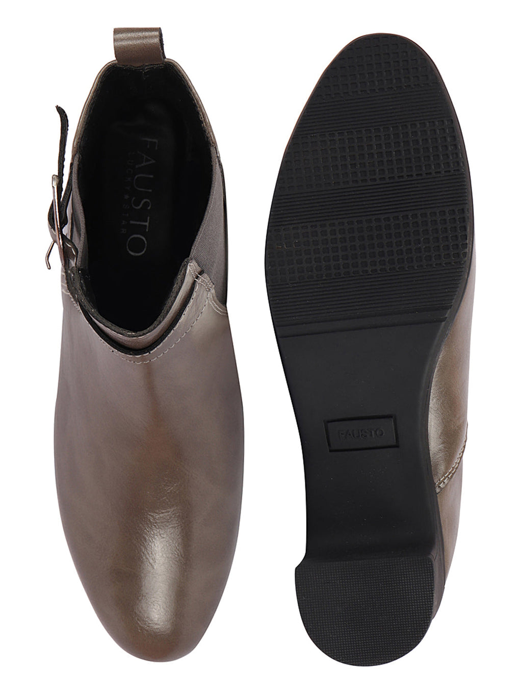 Shop Women Grey Flared Heel High Ankle Classic Winter Buckle Strap Chelsea Boots Online.