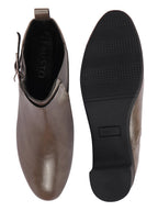Shop Women Grey Flared Heel High Ankle Classic Winter Buckle Strap Chelsea Boots Online.