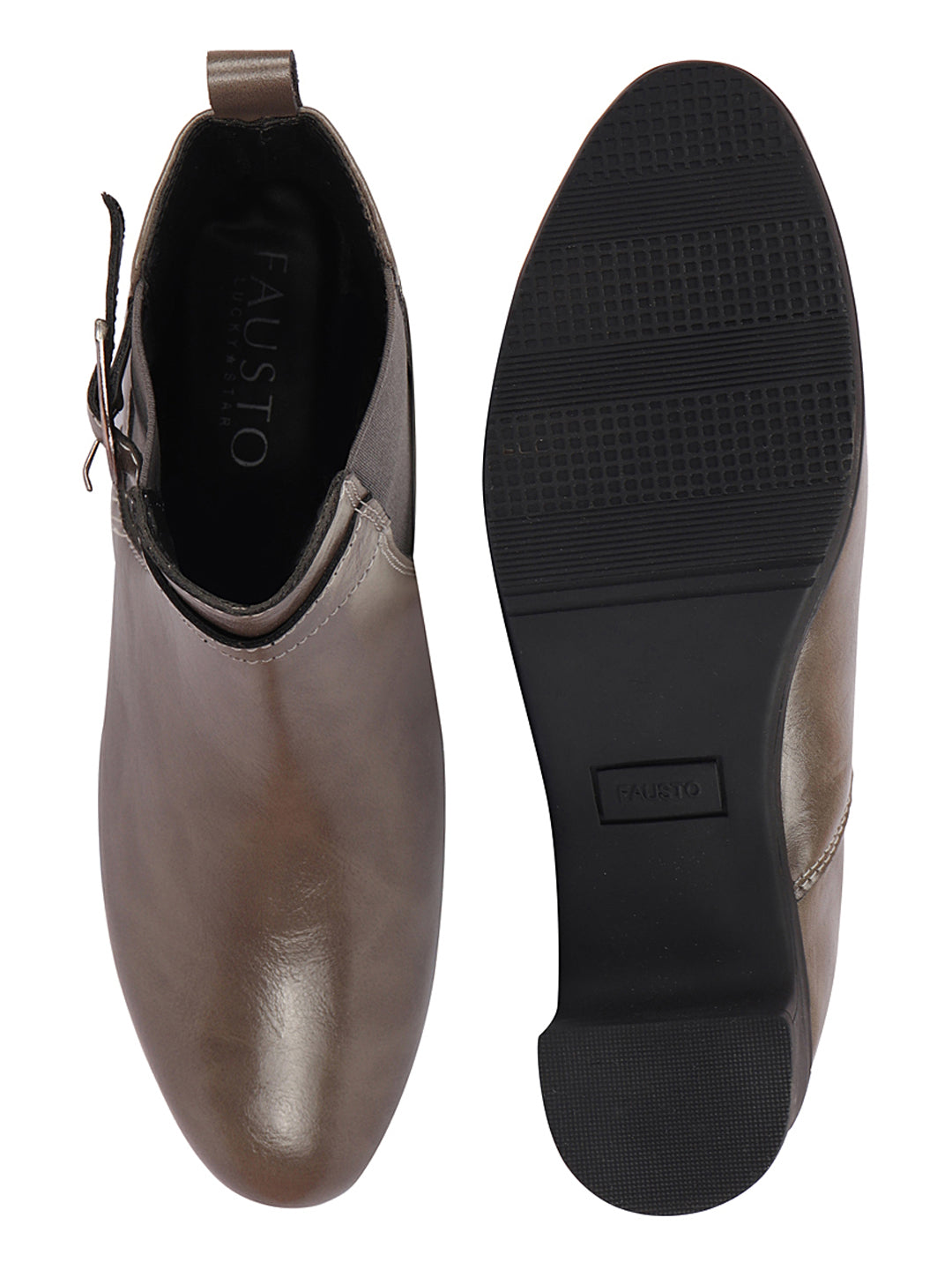 Shop Women Grey Flared Heel High Ankle Classic Winter Buckle Strap Chelsea Boots Online.