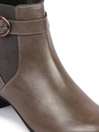 Shop Women Grey Flared Heel High Ankle Classic Winter Buckle Strap Chelsea Boots Online.