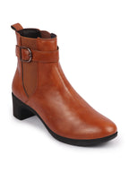 Shop Women Tan Flared Heel High Ankle Classic Winter Buckle Strap Chelsea Boots Online.