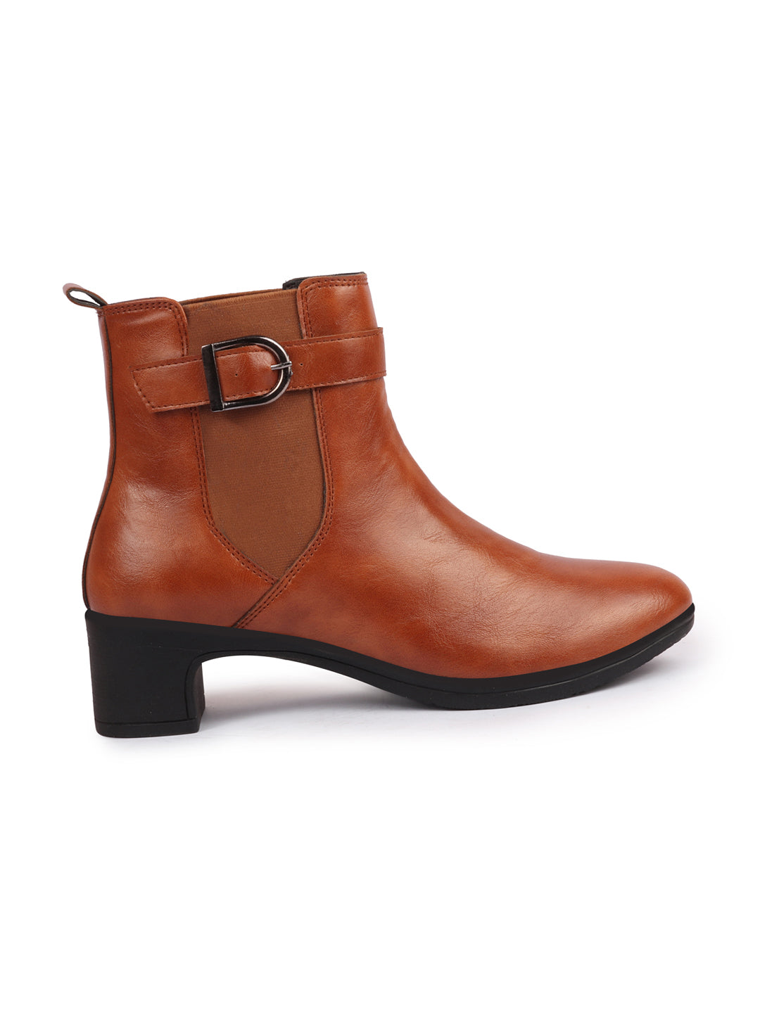 Shop Women Tan Flared Heel High Ankle Classic Winter Buckle Strap Chelsea Boots Online.
