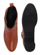 Shop Women Tan Flared Heel High Ankle Classic Winter Buckle Strap Chelsea Boots Online.
