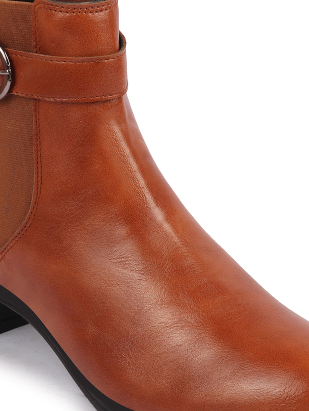 Shop Women Tan Flared Heel High Ankle Classic Winter Buckle Strap Chelsea Boots Online.