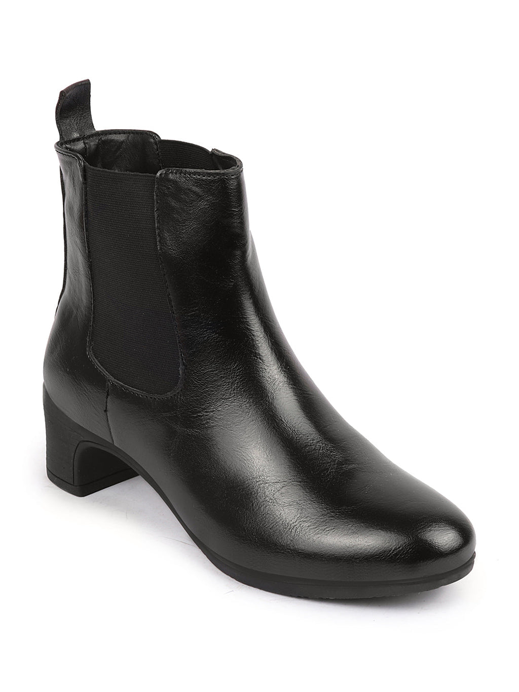 Shop Women Black Flared Heel High Ankle Top Winter Chelsea Boots Online.