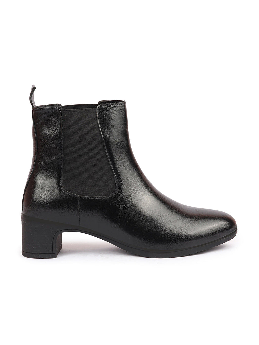 Shop Women Black Flared Heel High Ankle Top Winter Chelsea Boots Online.