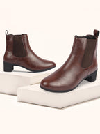 Shop Women Brown Flared Heel High Ankle Top Winter Chelsea Boots Online.