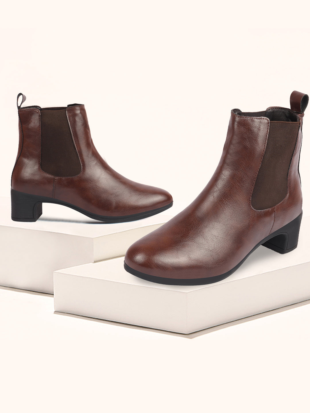 Shop Women Brown Flared Heel High Ankle Top Winter Chelsea Boots Online.