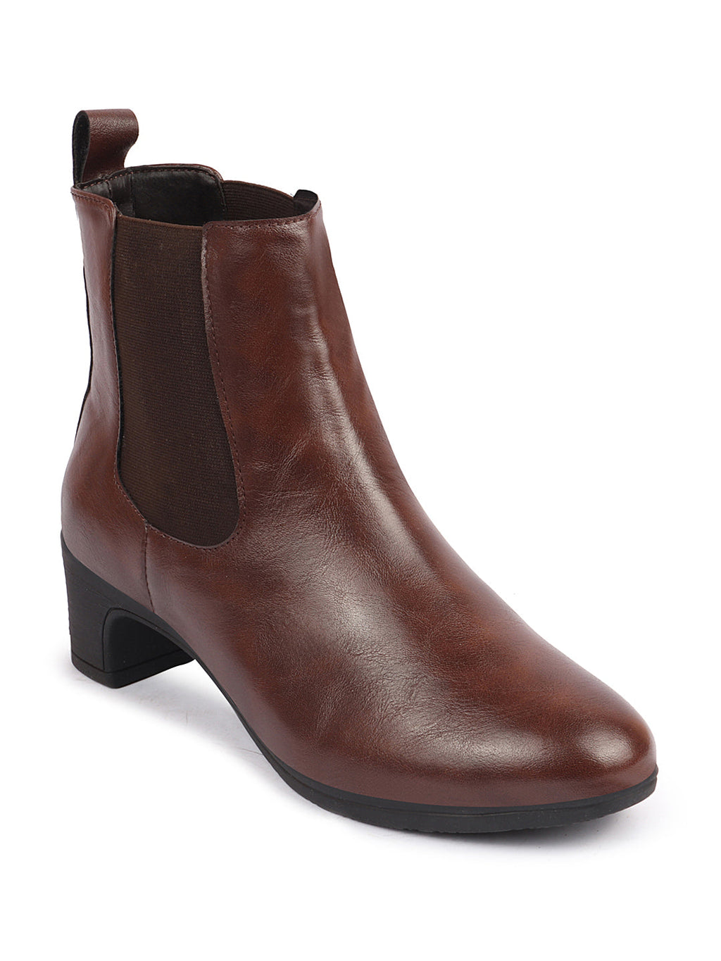 Shop Women Brown Flared Heel High Ankle Top Winter Chelsea Boots Online.