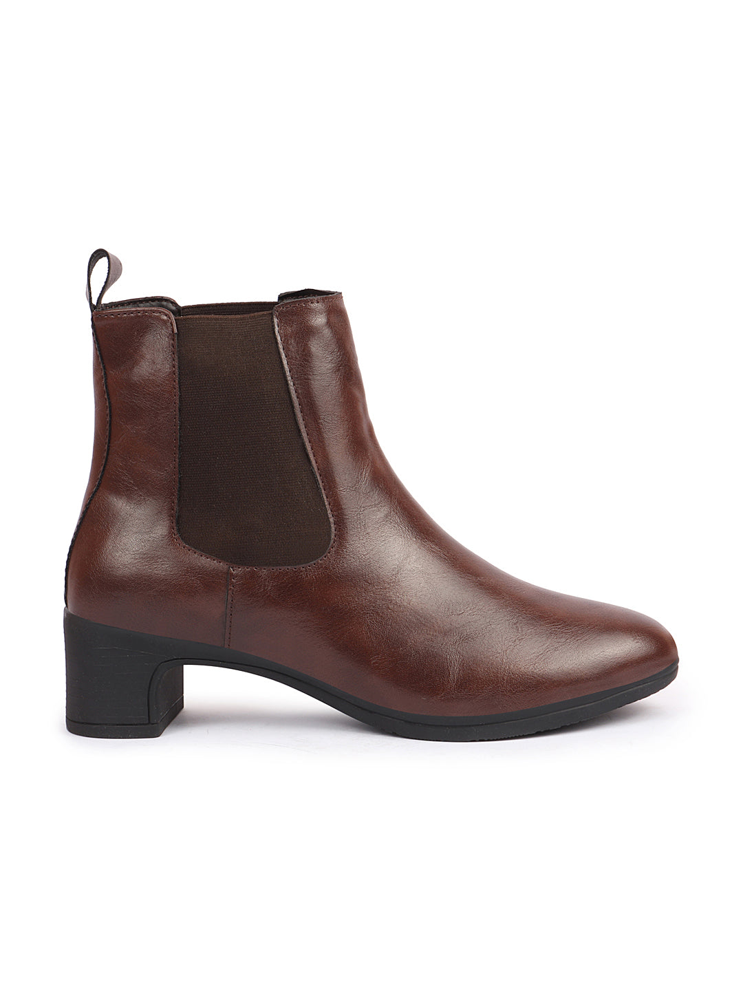 Shop Women Brown Flared Heel High Ankle Top Winter Chelsea Boots Online.