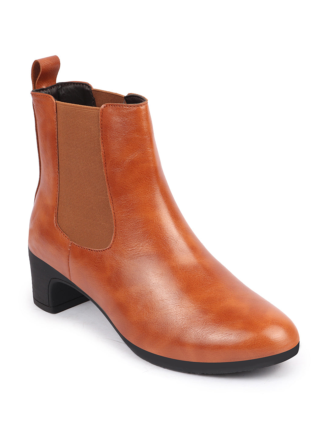Shop Women Tan Flared Heel High Ankle Top Winter Chelsea Boots Online.